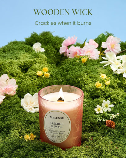 M&SENSE Jasmine Rose Candle | Crackling Wooden Wick, 18oz Soy Wax | 100+ Hours Burn | Non-Toxic Aromatherapy Gift
