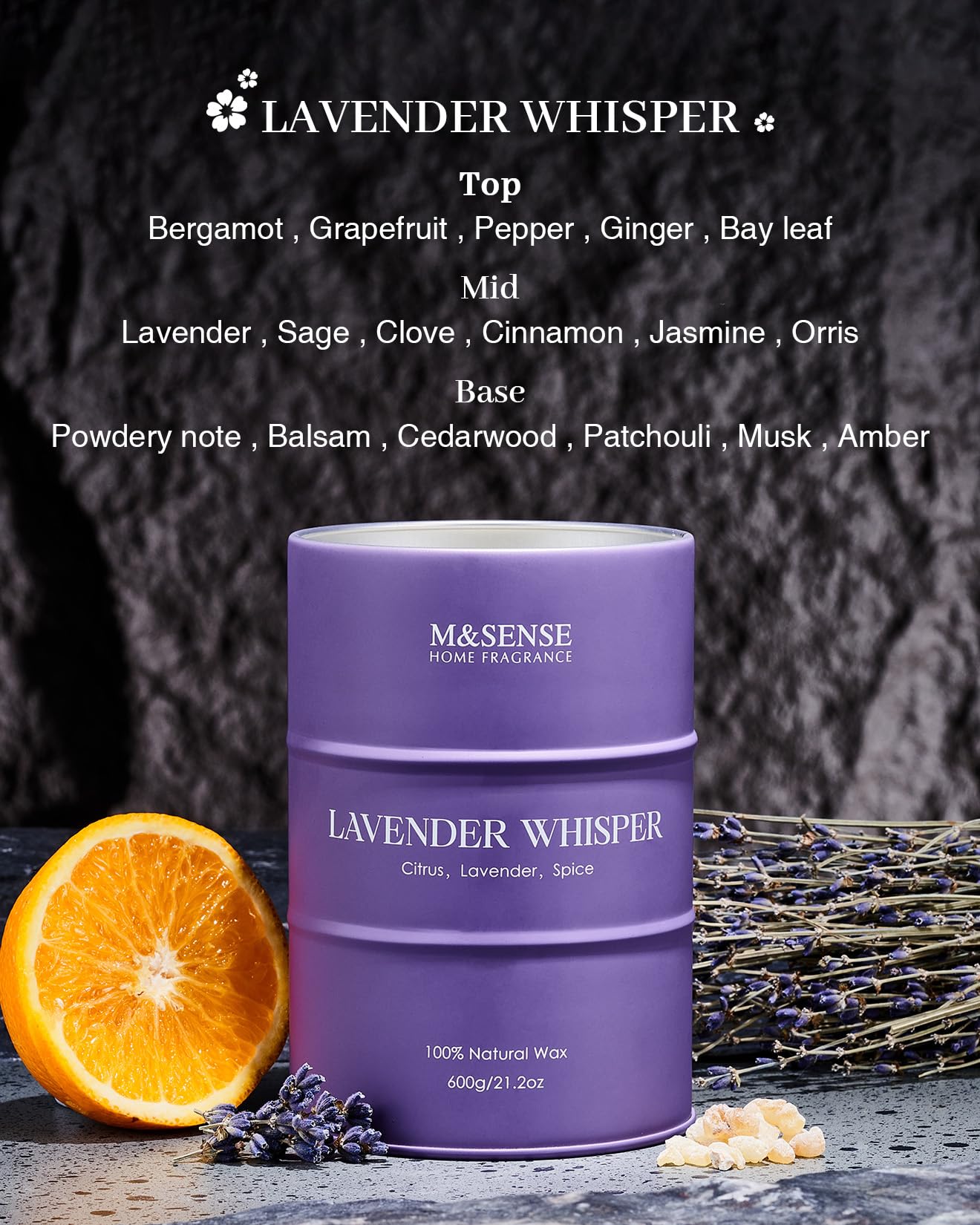 M&SENSE Lavender Soy Candle | 11.6oz, 120h Burn Time, Aromatherapy Gift