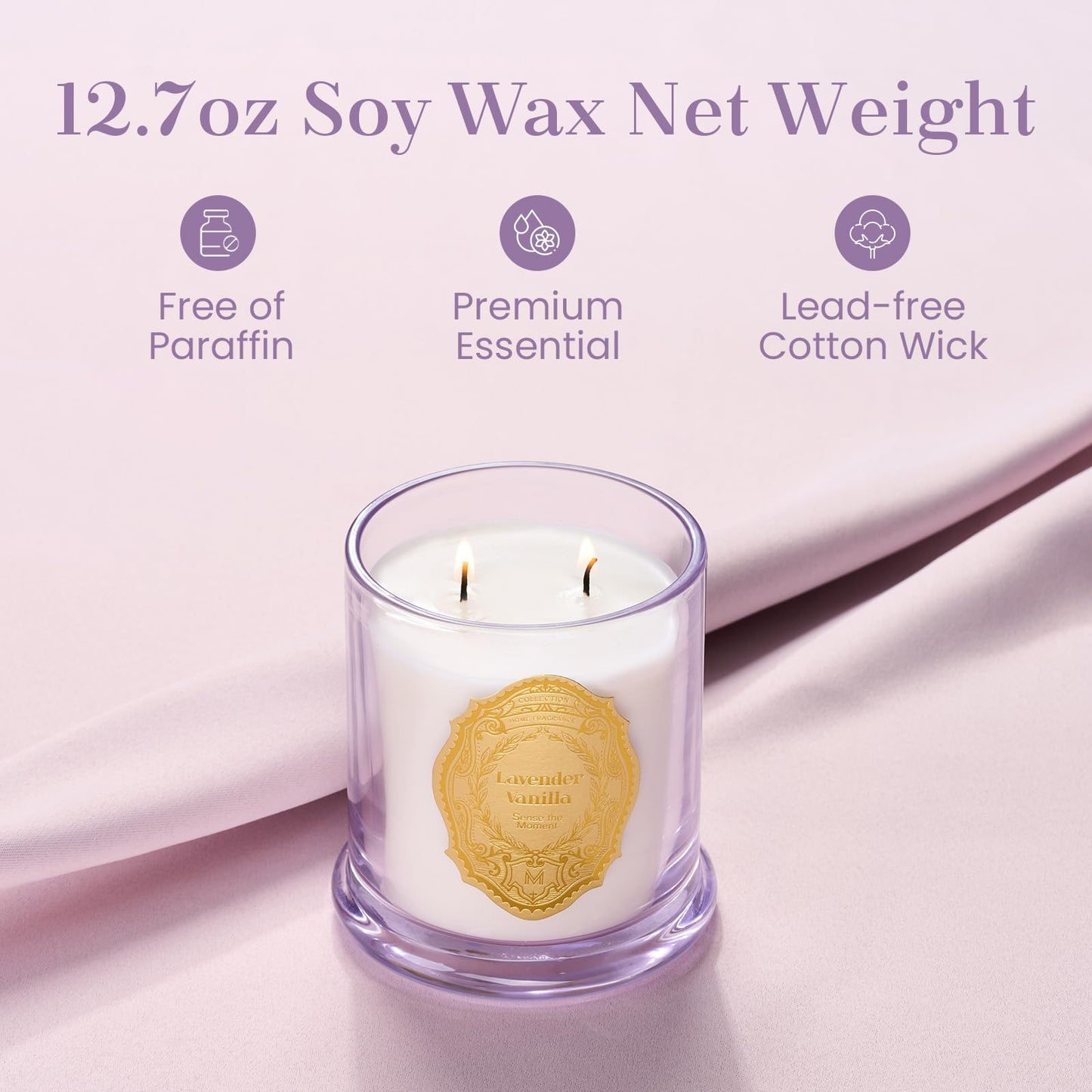 M&SENSE Lavender Vanilla Soy Candle – 12.7oz, 2-Wick, 70 Hours Burn Time