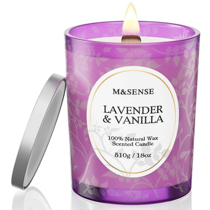 M&SENSE Lavender Vanilla Candle | 18oz Soy Wax, Wooden Wick, 100+ Hours