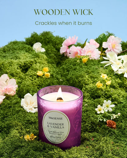 M&SENSE Lavender Vanilla Candle | 18oz Soy Wax, Wooden Wick, 100+ Hours
