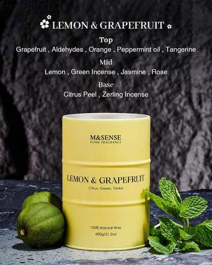 M&SENSE Lemon Candle Large - 21.2oz Soy Wax, 120h Burn Time
