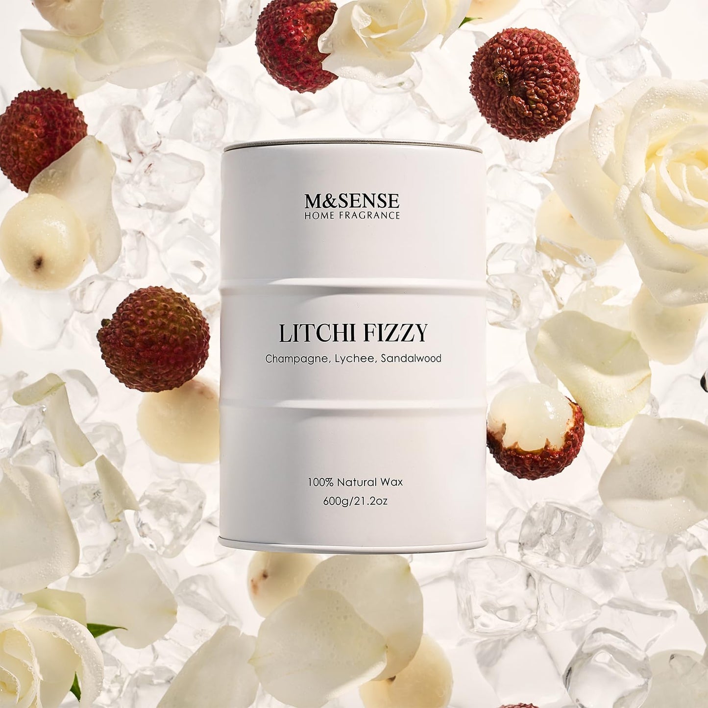 M&SENSE Litchi Fizzy Soy Candle – 21.2oz, 120-Hour Burn, Non-Toxic