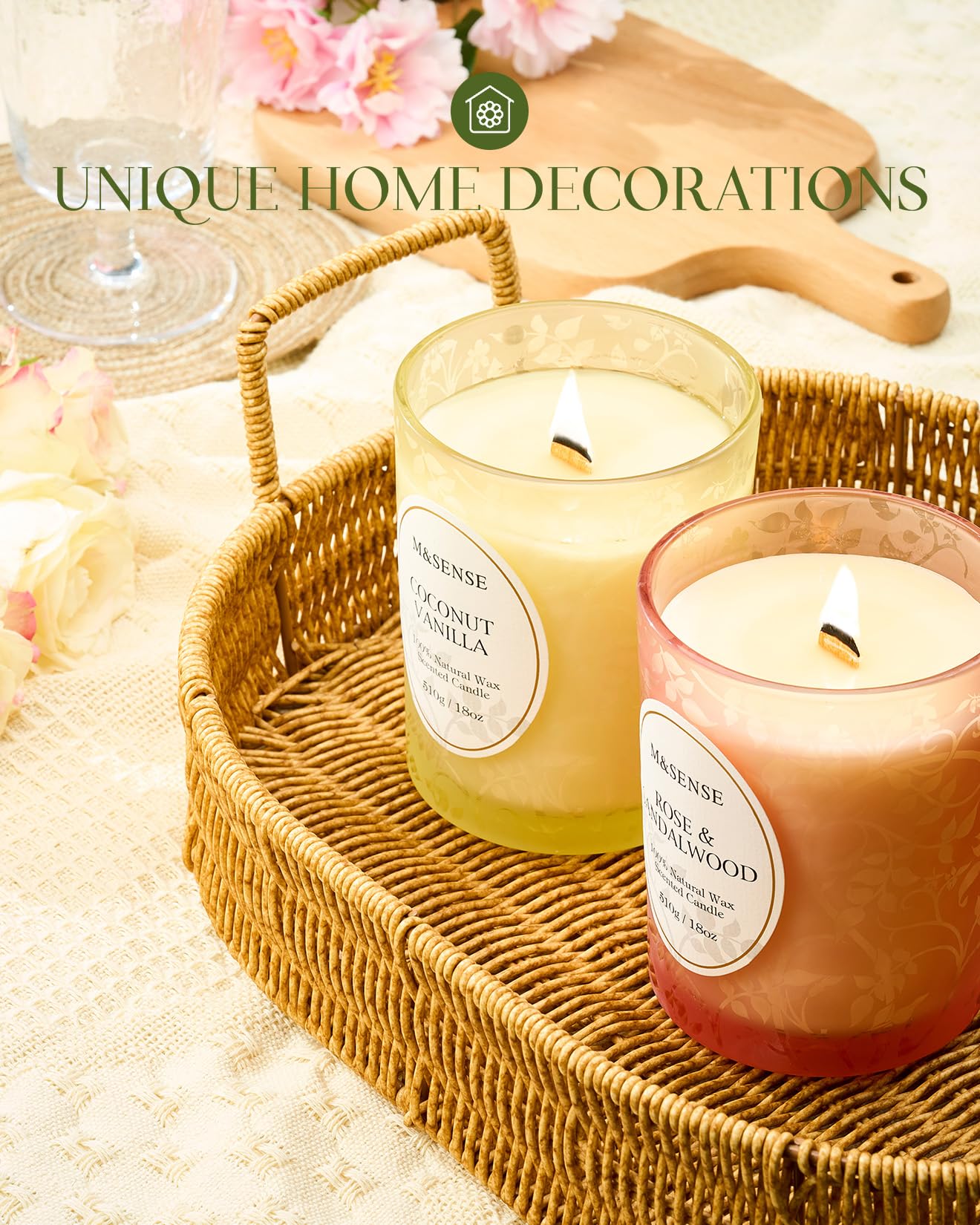 M&SENSE Jasmine Rose Candle | Crackling Wooden Wick, 18oz Soy Wax | 100+ Hours Burn | Non-Toxic Aromatherapy Gift