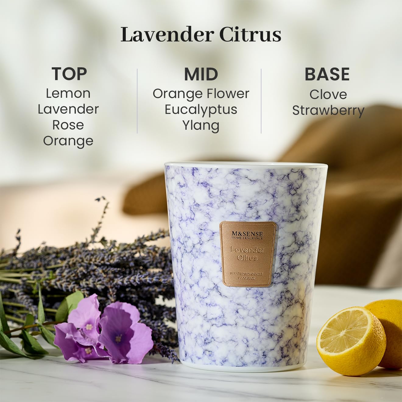 M&SENSE Extra Large 35oz Lavender Citrus Candle – 3 Wick, 150h Burn