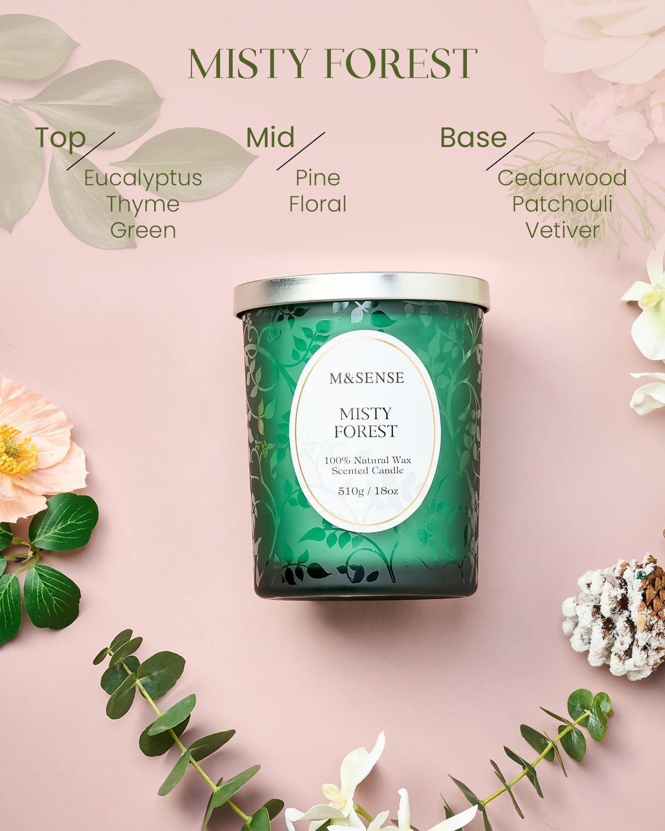 M&SENSE Misty Pine Forest Wood Wick Candle – 18oz, 100-Hour Natural Soy Wax