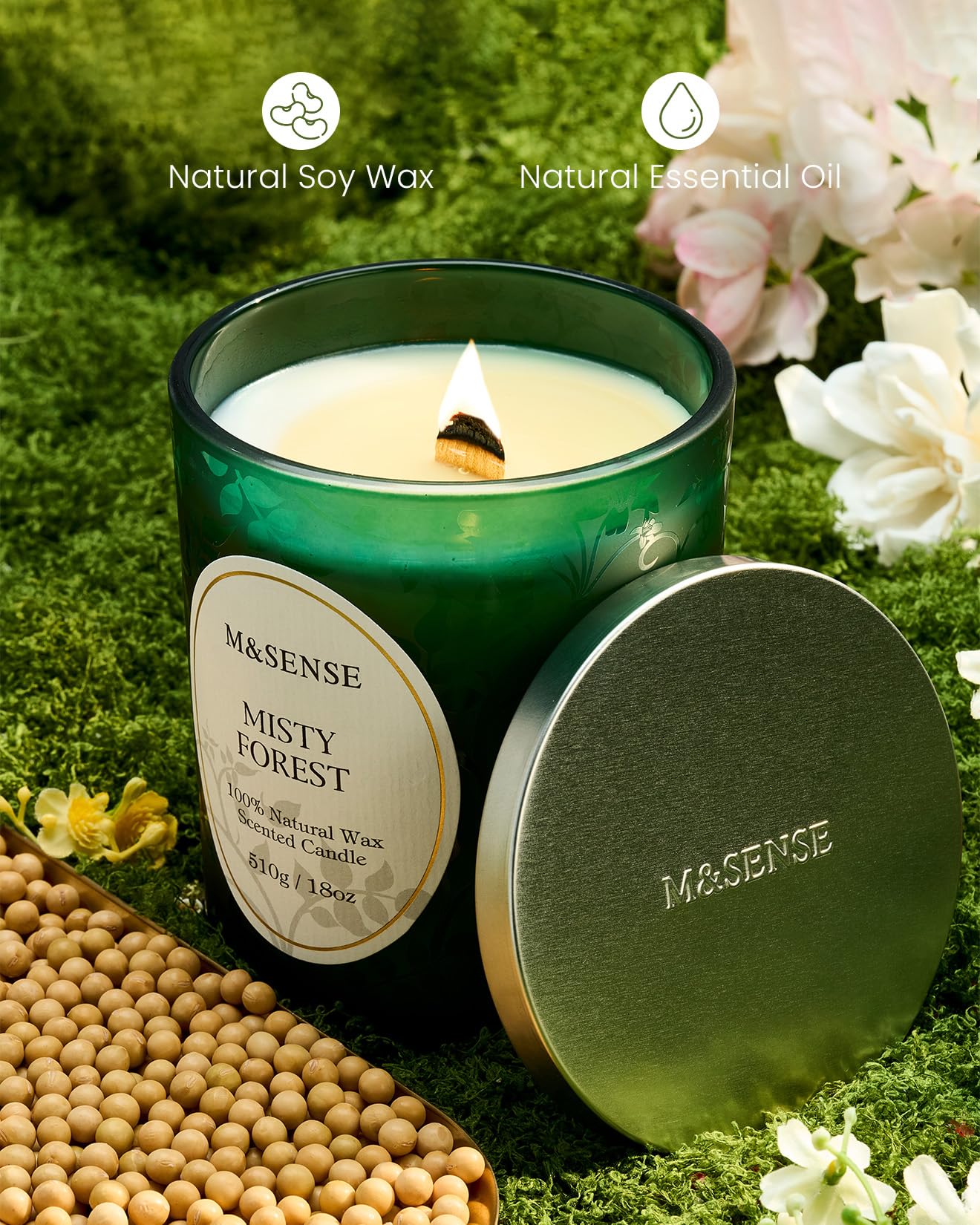 M&SENSE Misty Pine Forest Wood Wick Candle – 18oz, 100-Hour Natural Soy Wax