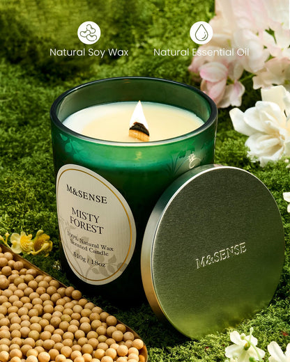 M&SENSE Misty Pine Forest Wood Wick Candle – 18oz, 100-Hour Natural Soy Wax
