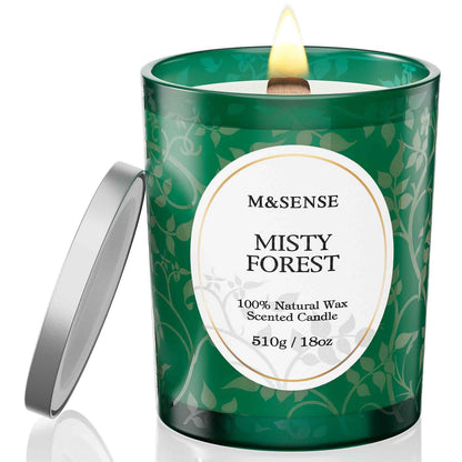 M&SENSE Misty Pine Forest Wood Wick Candle – 18oz, 100-Hour Natural Soy Wax