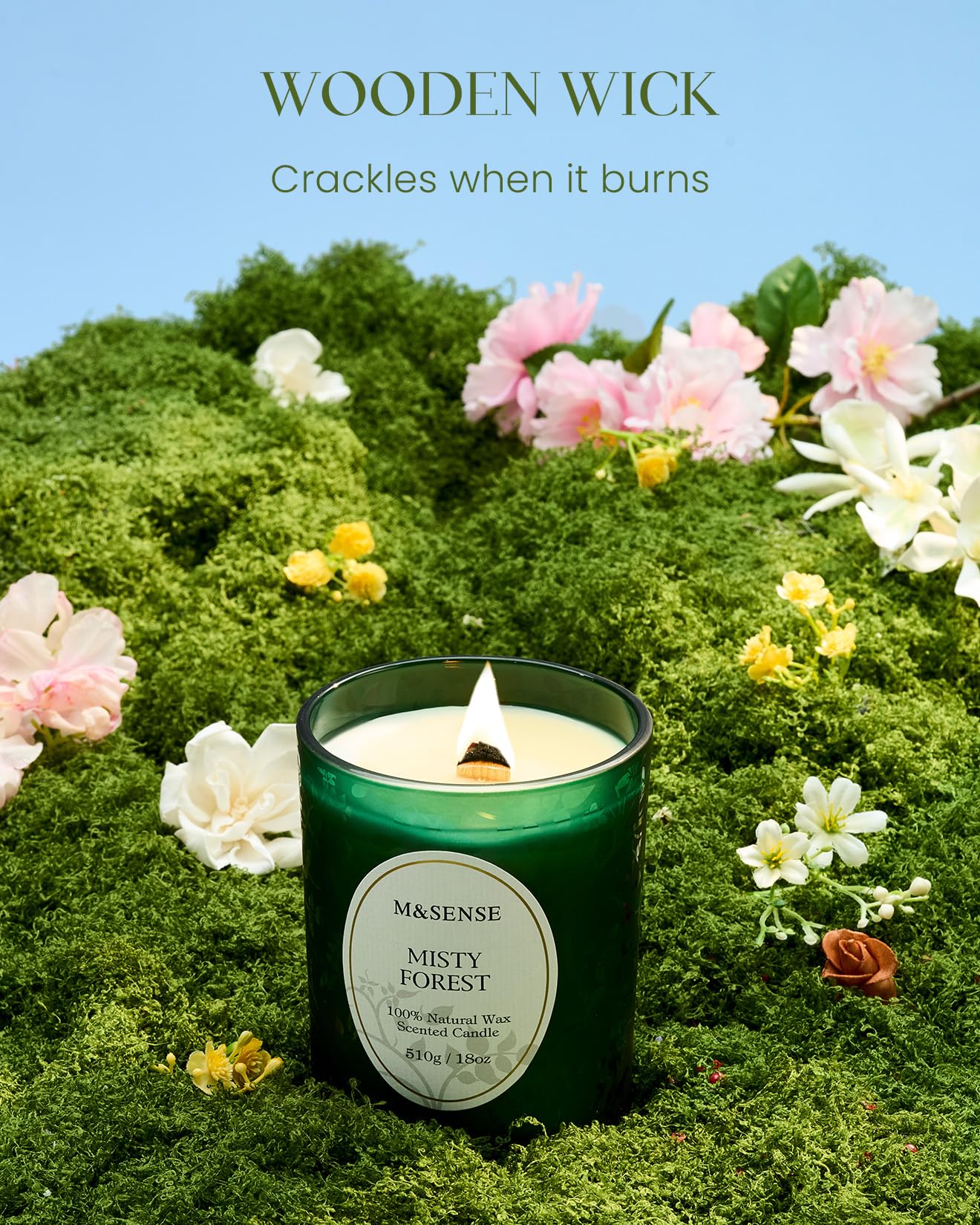 M&SENSE Misty Pine Forest Wood Wick Candle – 18oz, 100-Hour Natural Soy Wax