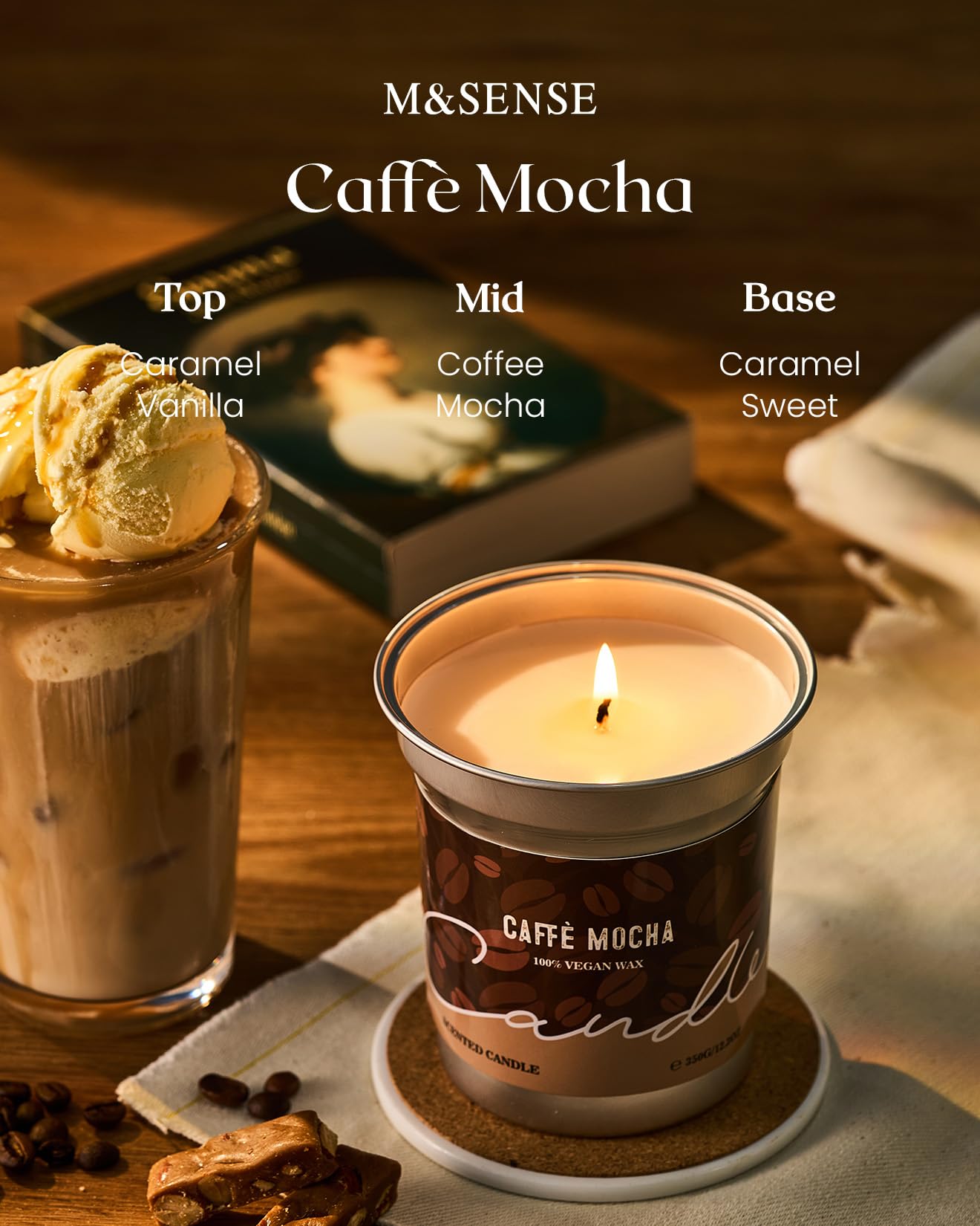 M&SENSE Mocha Coffee Scented Candle 12.3oz – Soy, Non-Toxic, 75h Burn