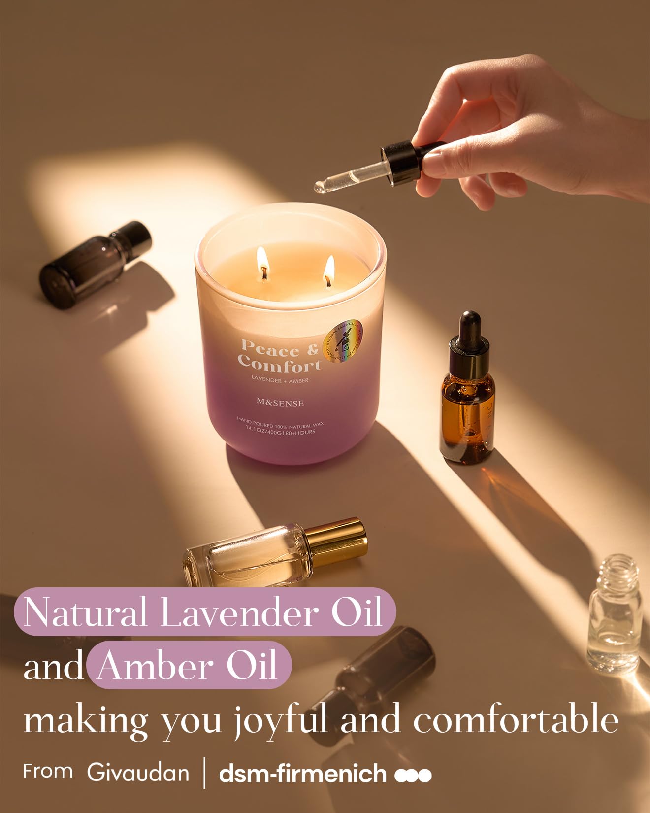 M&SENSE Lavender Amber Candle – 14.1oz Soy Wax Aromatherapy, 80h