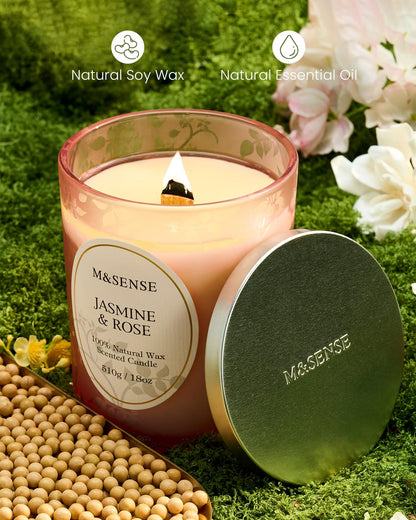 M&SENSE Jasmine Rose Candle | Crackling Wooden Wick, 18oz Soy Wax | 100+ Hours Burn | Non-Toxic Aromatherapy Gift