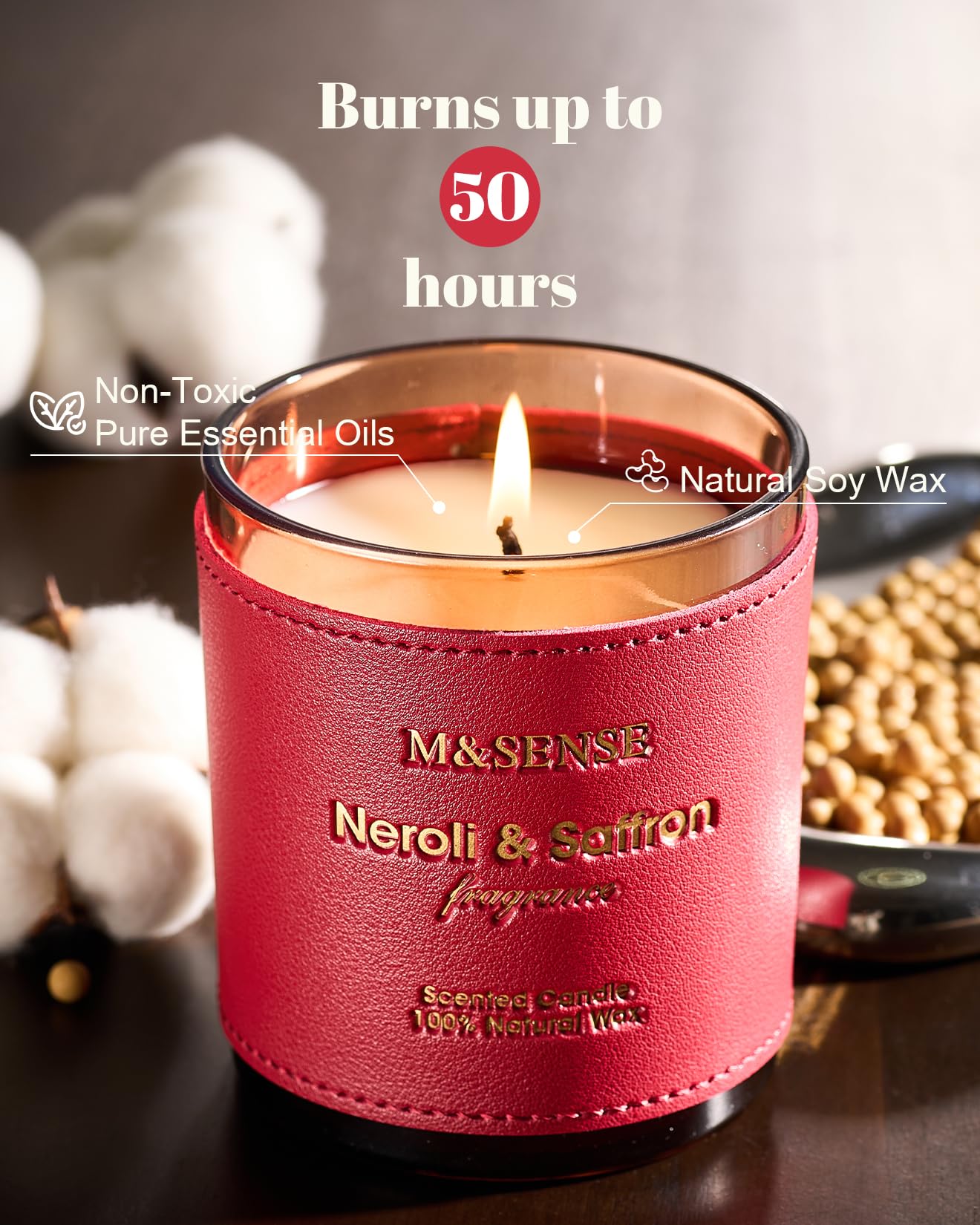 M&SENSE Neroli Saffron Scented Candle – Vegan Soy Wax, 10oz, 42-Hour Burn Time