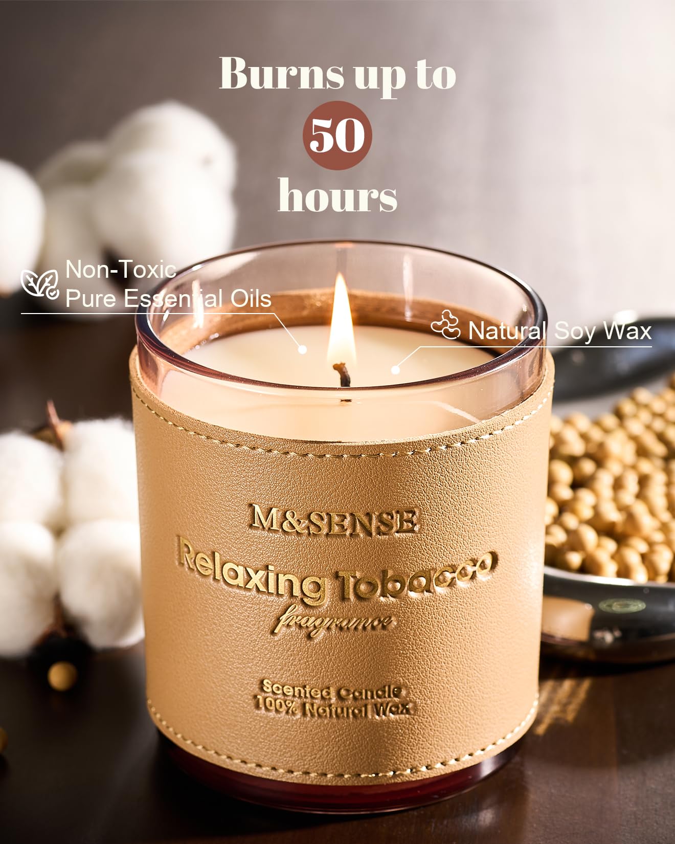 M&SENSE Cinnamon Tobacco Scented Candle – 10oz Vegan Soy Wax, 42-Hour Burn