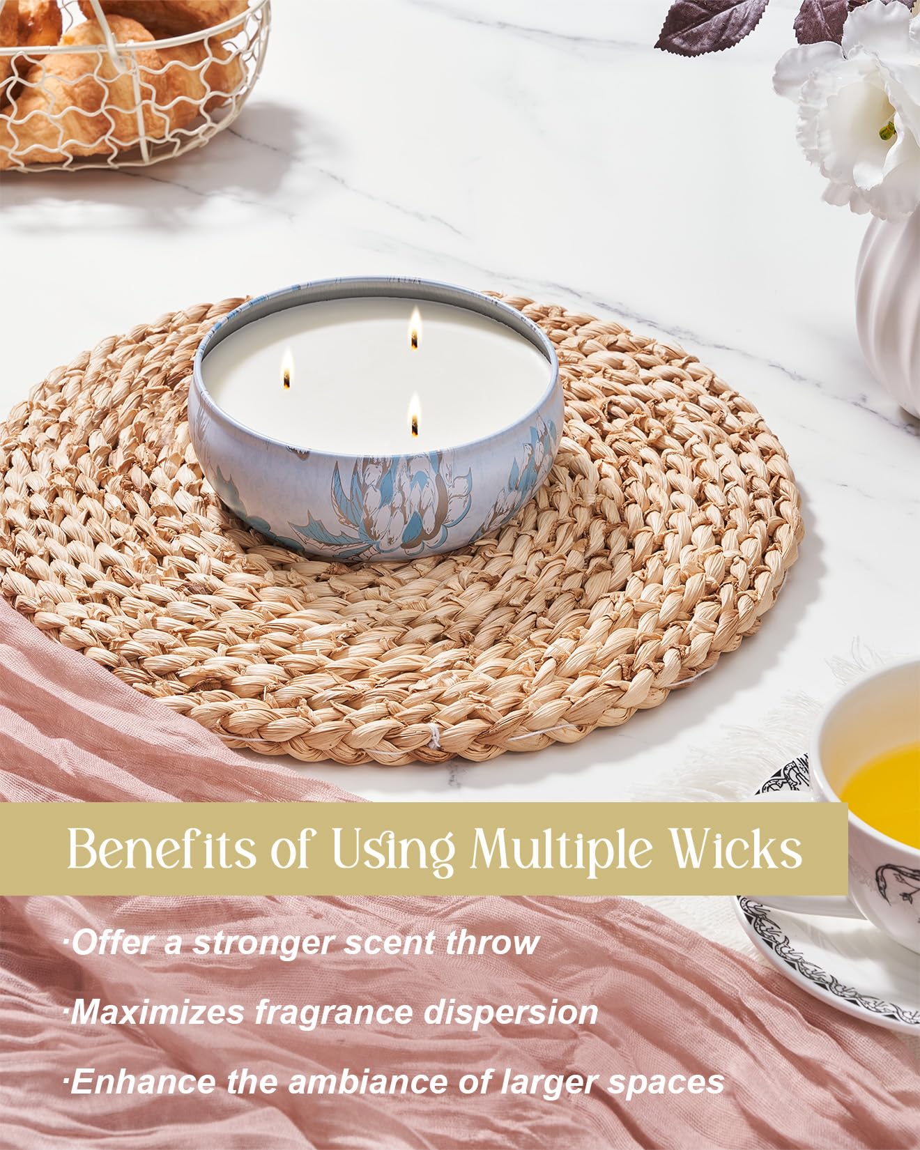 M&SENSE Ocean Waters 3-Wick Soy Tin Candle – 40-50h Burn Time, Vegan Wax