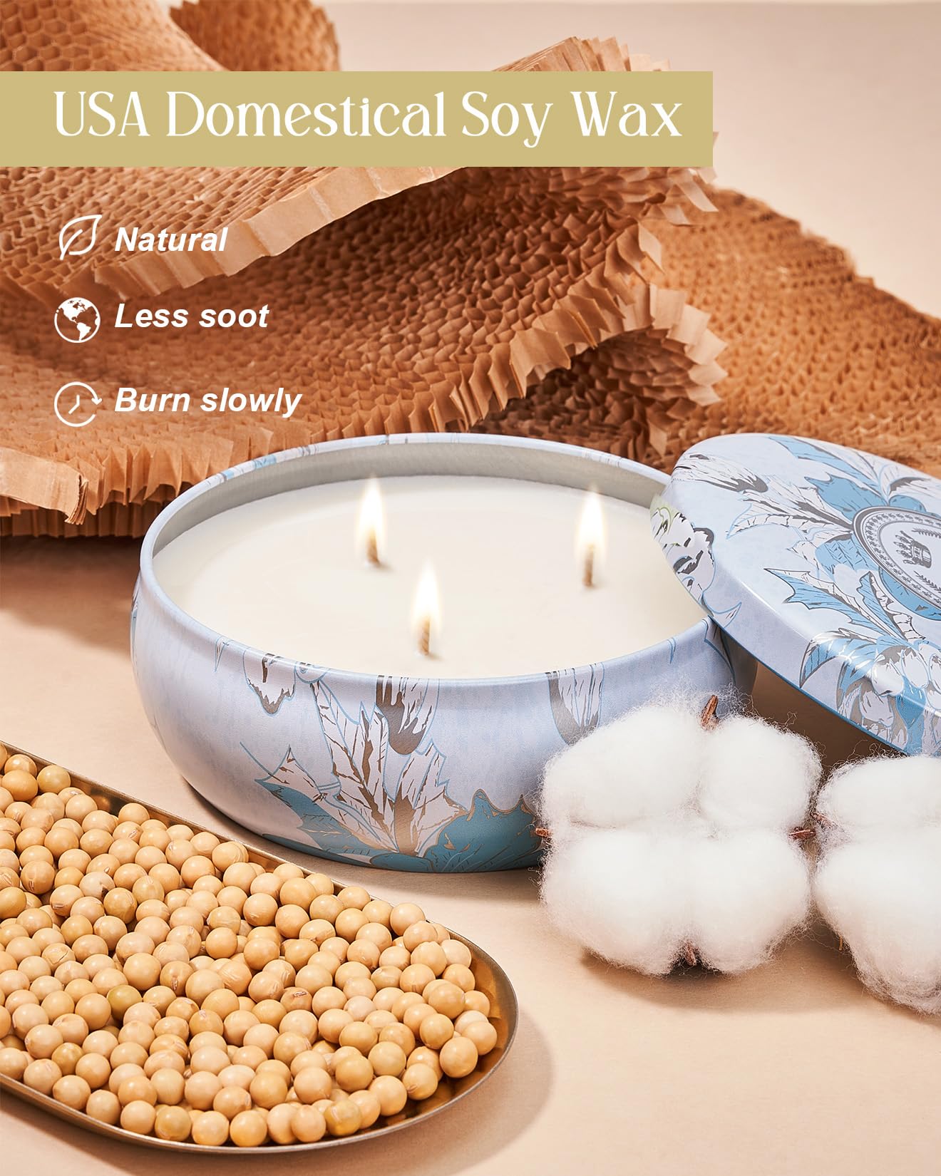 M&SENSE Ocean Waters 3-Wick Soy Tin Candle – 40-50h Burn Time, Vegan Wax