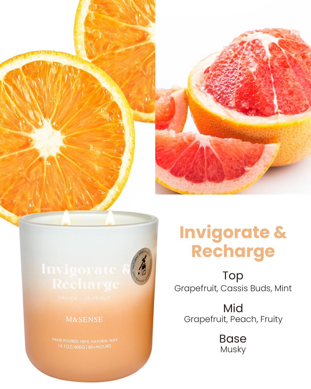 M&SENSE Orange Grapefruit Candle – 14.1oz, 2-Wick Soy, 80h Burn Time