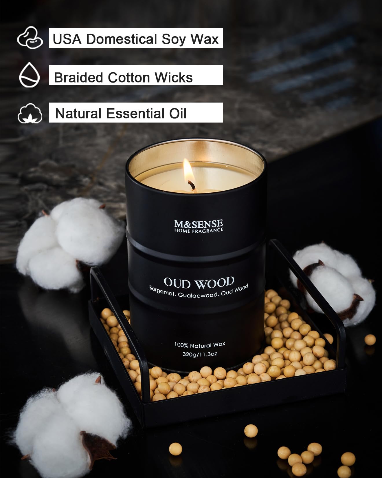 M&SENSE Oud Wood Scented Candles - Natural Soy Wax 11.3oz | 60-70h Burn Time | Gifts for Men & Women