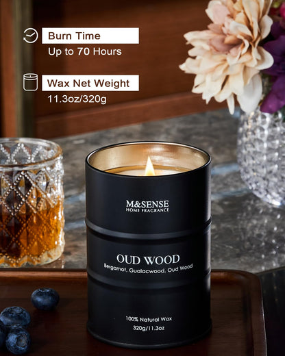 M&SENSE Oud Wood Scented Candles - Natural Soy Wax 11.3oz | 60-70h Burn Time | Gifts for Men & Women