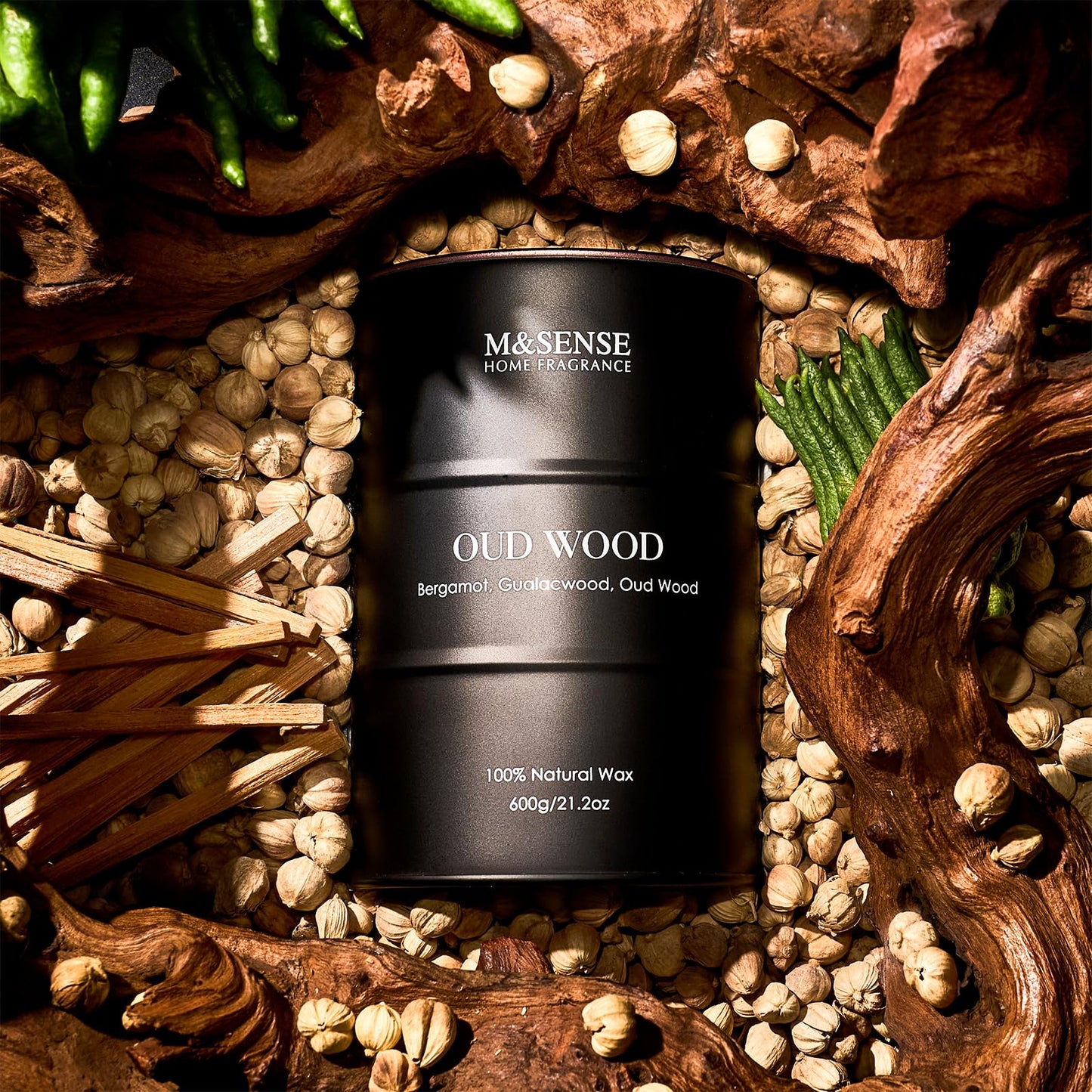 M&SENSE Oud Wood Large Scented Candle – Natural Soy Wax, 21.2oz, 120h Burn Time