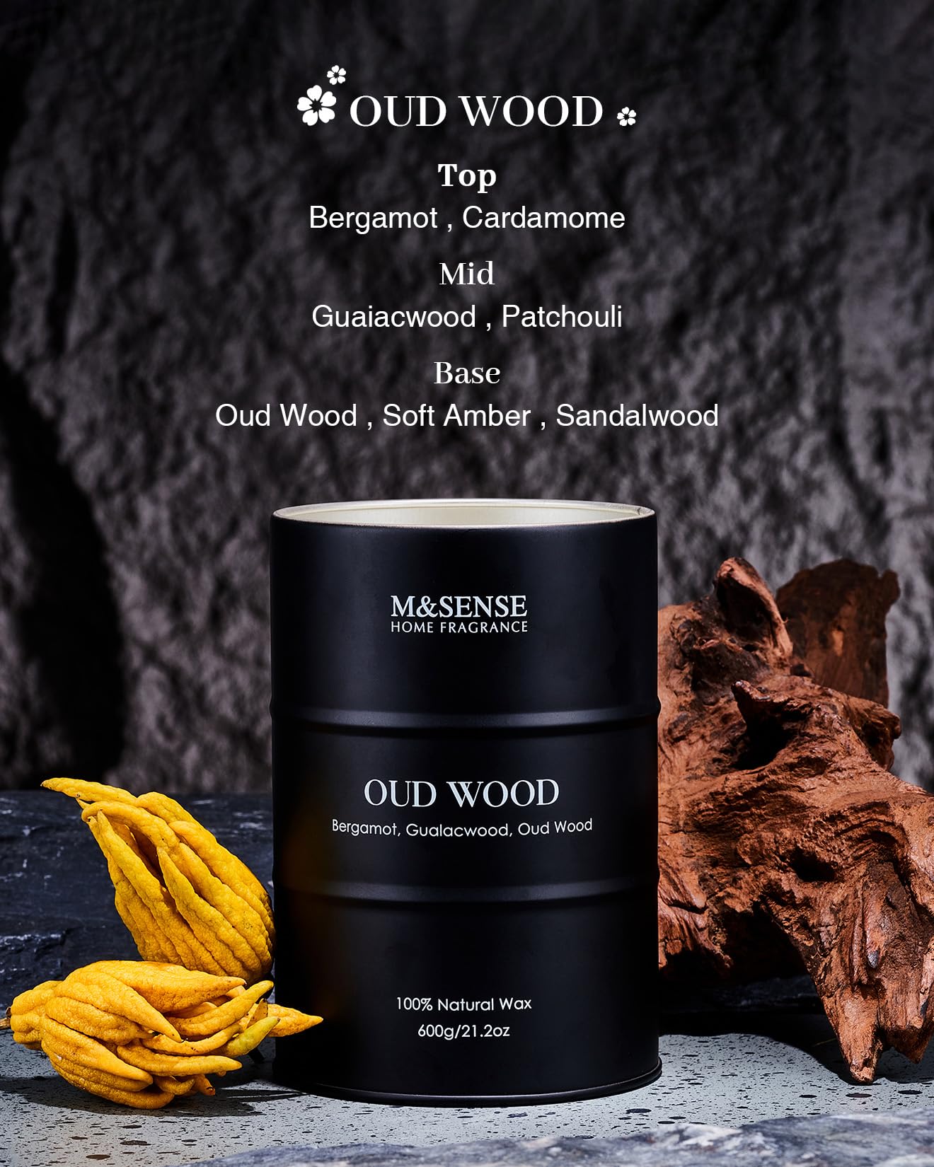 M&SENSE Oud Wood Large Scented Candle – Natural Soy Wax, 21.2oz, 120h Burn Time