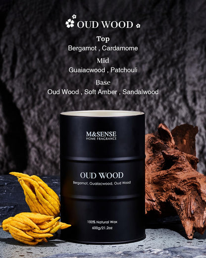 M&SENSE Oud Wood Large Scented Candle – Natural Soy Wax, 21.2oz, 120h Burn Time