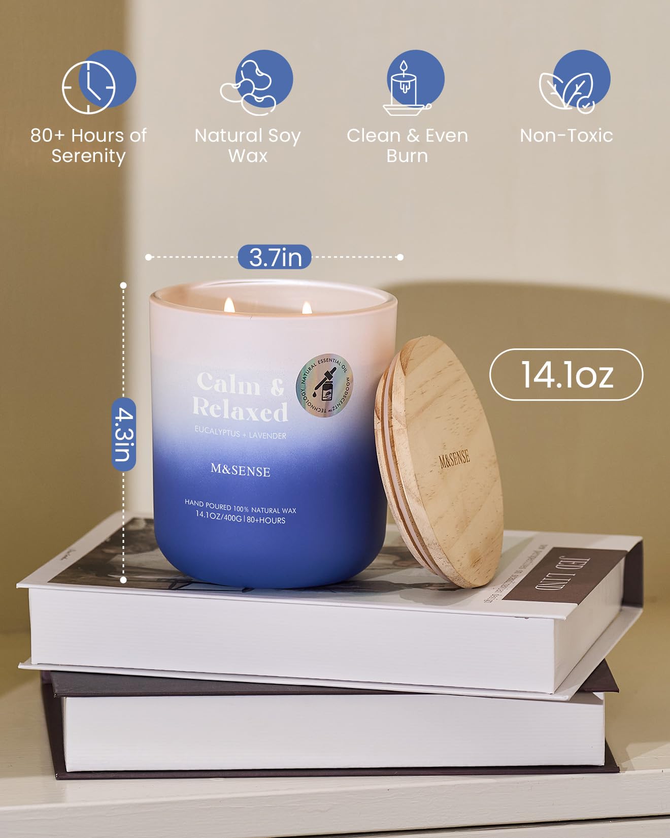 M&SENSE Eucalyptus Lavender Scented Candle – 14.1oz, 80-Hour Burn Time, MoodScentz Certified, Non-Toxic Soy Wax, Aromatherapy