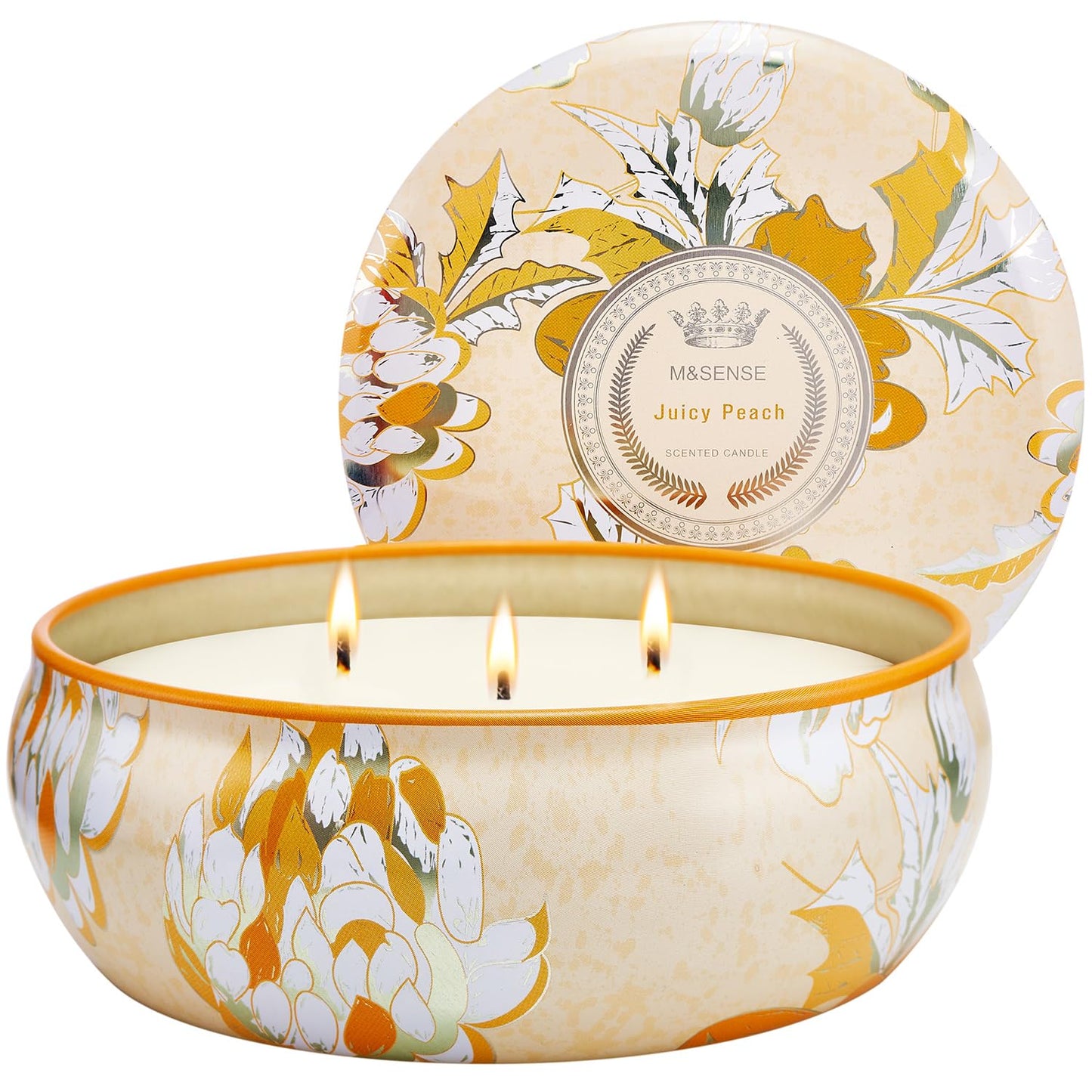M&SENSE Peach Scented Candles 12oz | 3-Wick Soy Tin, 40-Hour Burn