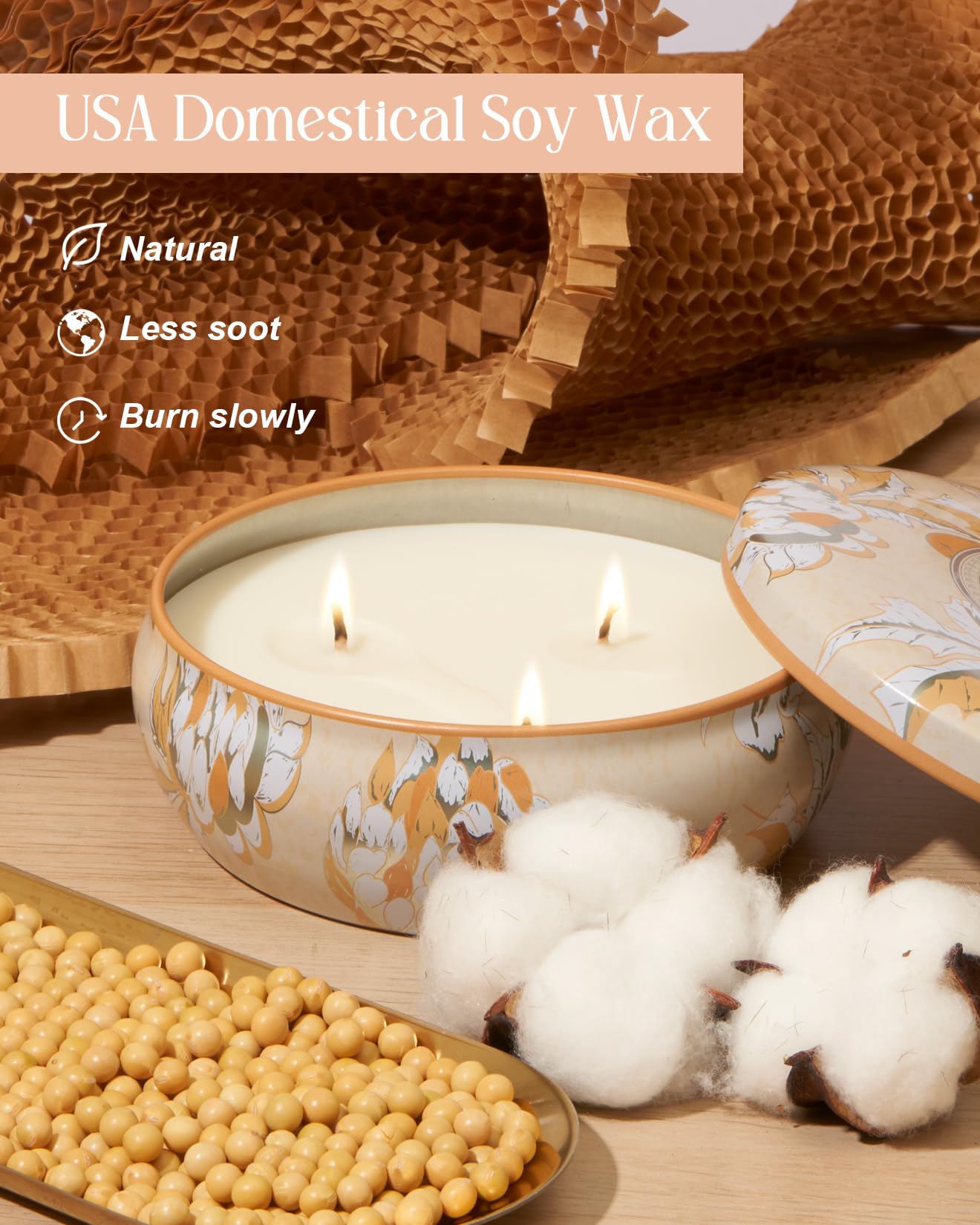 M&SENSE Peach Scented Candles 12oz | 3-Wick Soy Tin, 40-Hour Burn