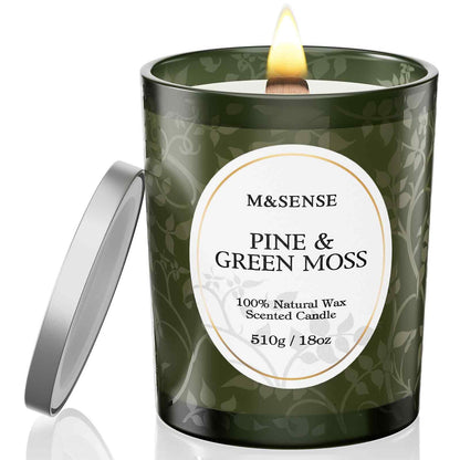 M&SENSE Pine & Moss Scented Candle – Natural Soy Wax, 18oz, 100 Hours