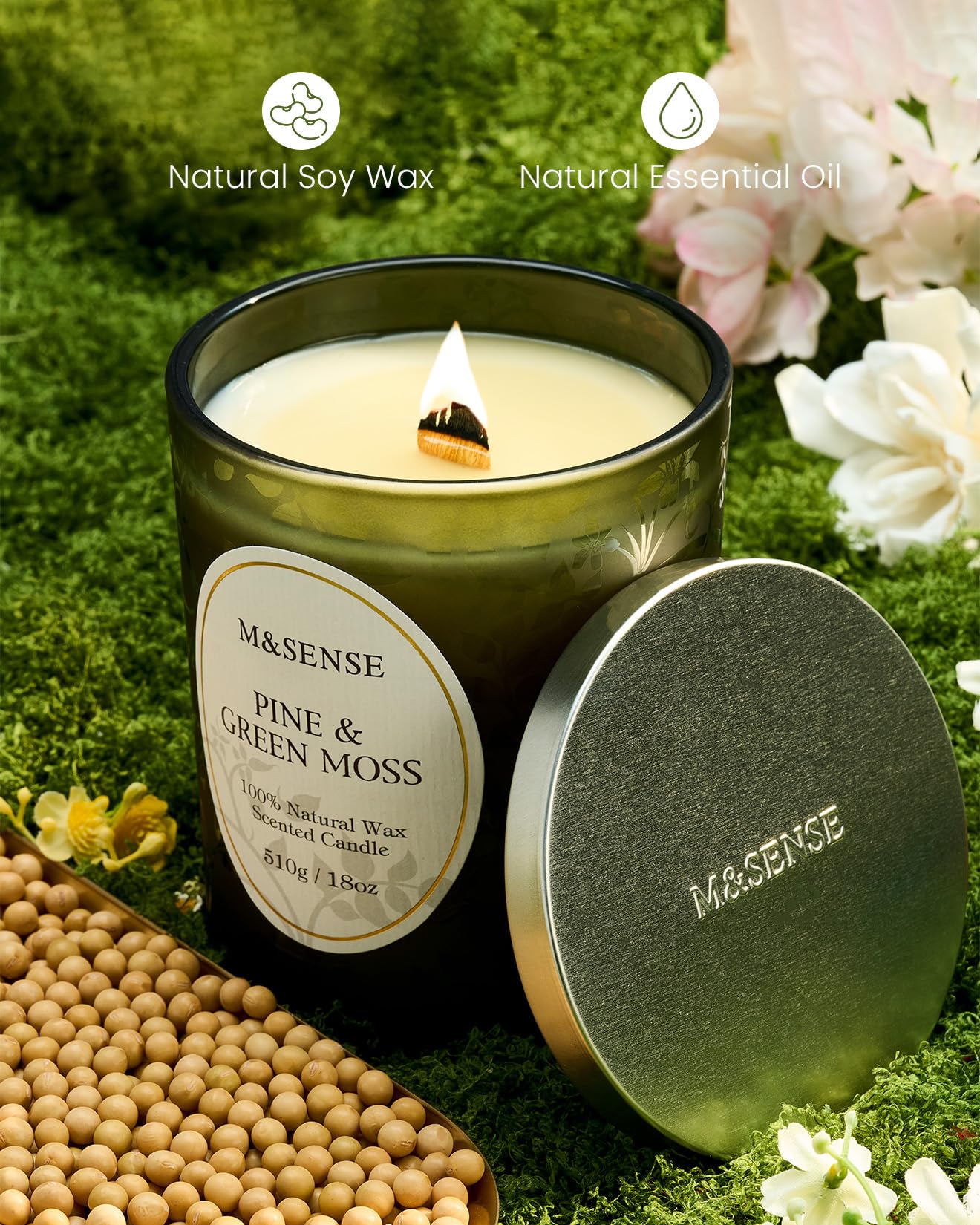 M&SENSE Pine & Moss Scented Candle – Natural Soy Wax, 18oz, 100 Hours