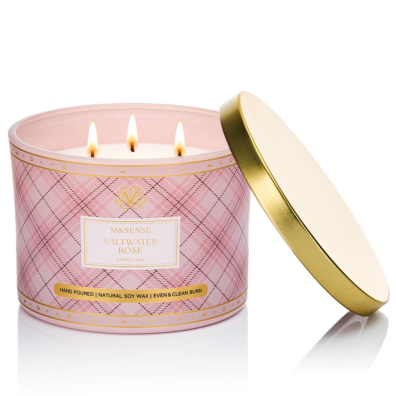 M&SENSE Plaid 3-Wick Soy Candle 11.64 oz – Saltwater Rose | Relaxation & Home Décor