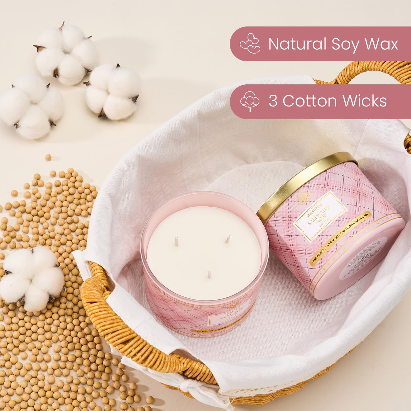M&SENSE Plaid 3-Wick Soy Candle 11.64 oz – Saltwater Rose | Relaxation & Home Décor