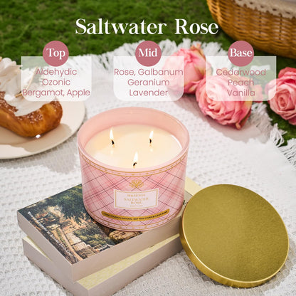M&SENSE Plaid 3-Wick Soy Candle 11.64 oz – Saltwater Rose | Relaxation & Home Décor
