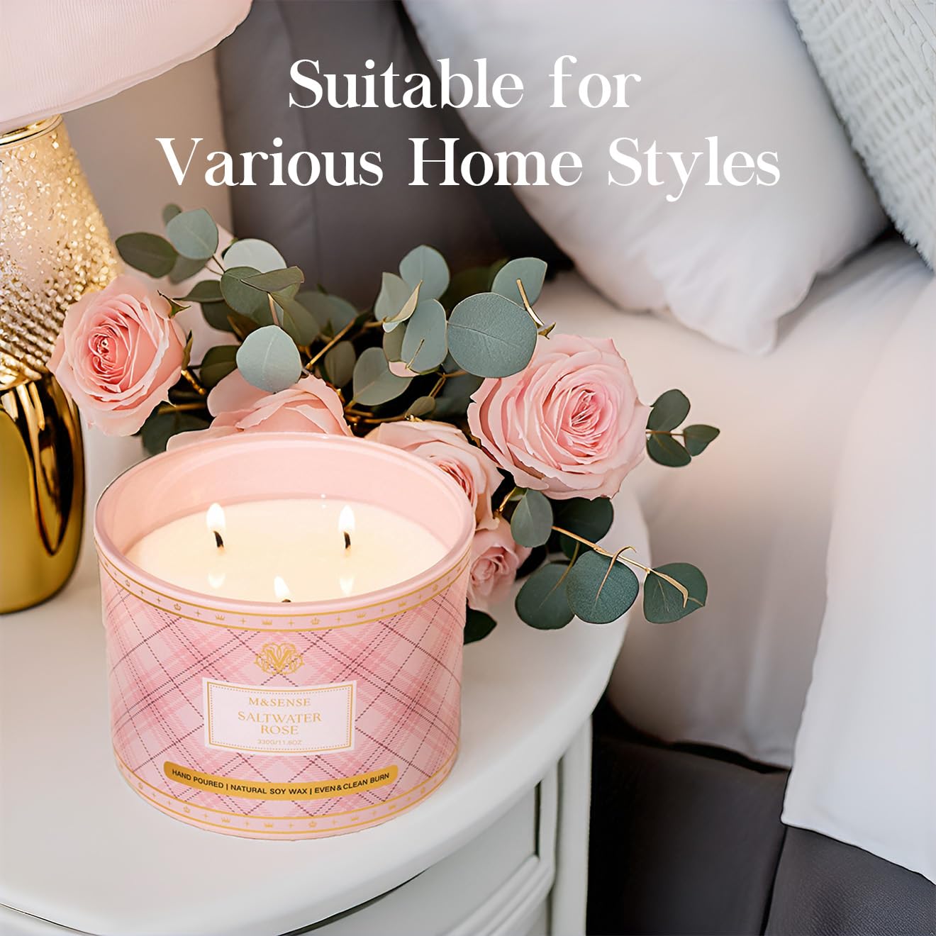M&SENSE Plaid 3-Wick Soy Candle 11.64 oz – Saltwater Rose | Relaxation & Home Décor