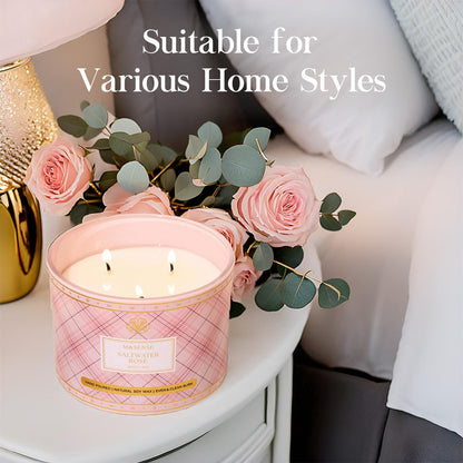 M&SENSE Plaid 3-Wick Soy Candle 11.64 oz – Saltwater Rose | Relaxation & Home Décor