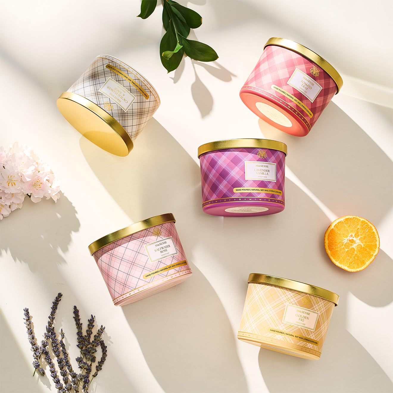 M&SENSE Plaid 3-Wick Soy Candle 11.64 oz – Saltwater Rose | Relaxation & Home Décor