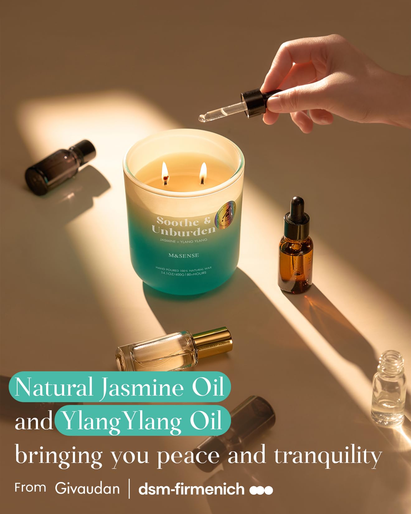 M&SENSE Jasmine & YlangYlang Scented Candle – 14.1oz, 80 Hours, Non-Toxic Soy Wax