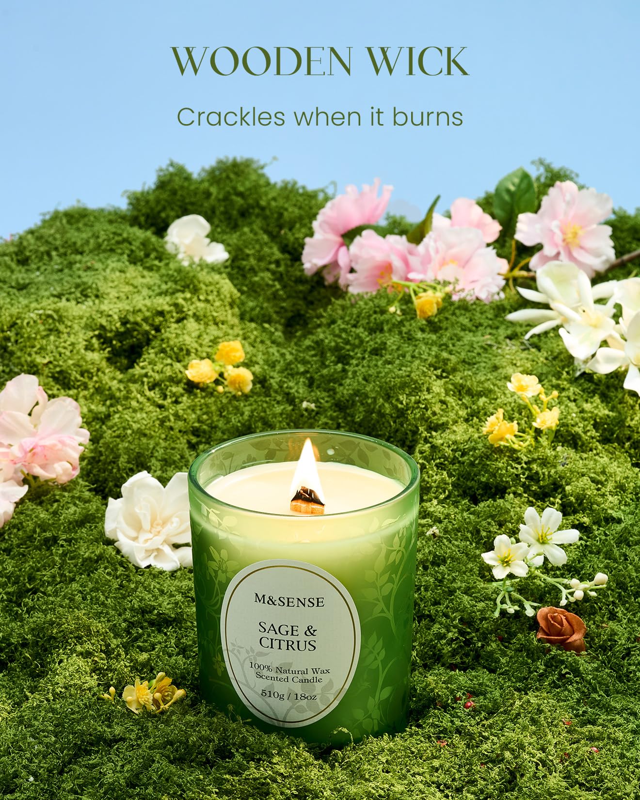 M&SENSE Sage Citrus Scented Candle | 18oz Soy Wax, Wooden Wick, 100 Hours