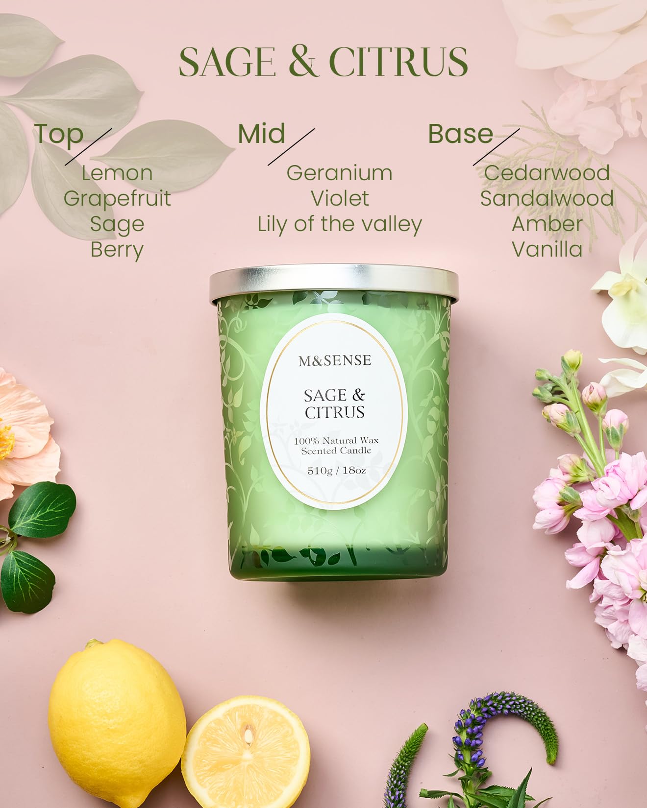 M&SENSE Sage Citrus Scented Candle | 18oz Soy Wax, Wooden Wick, 100 Hours