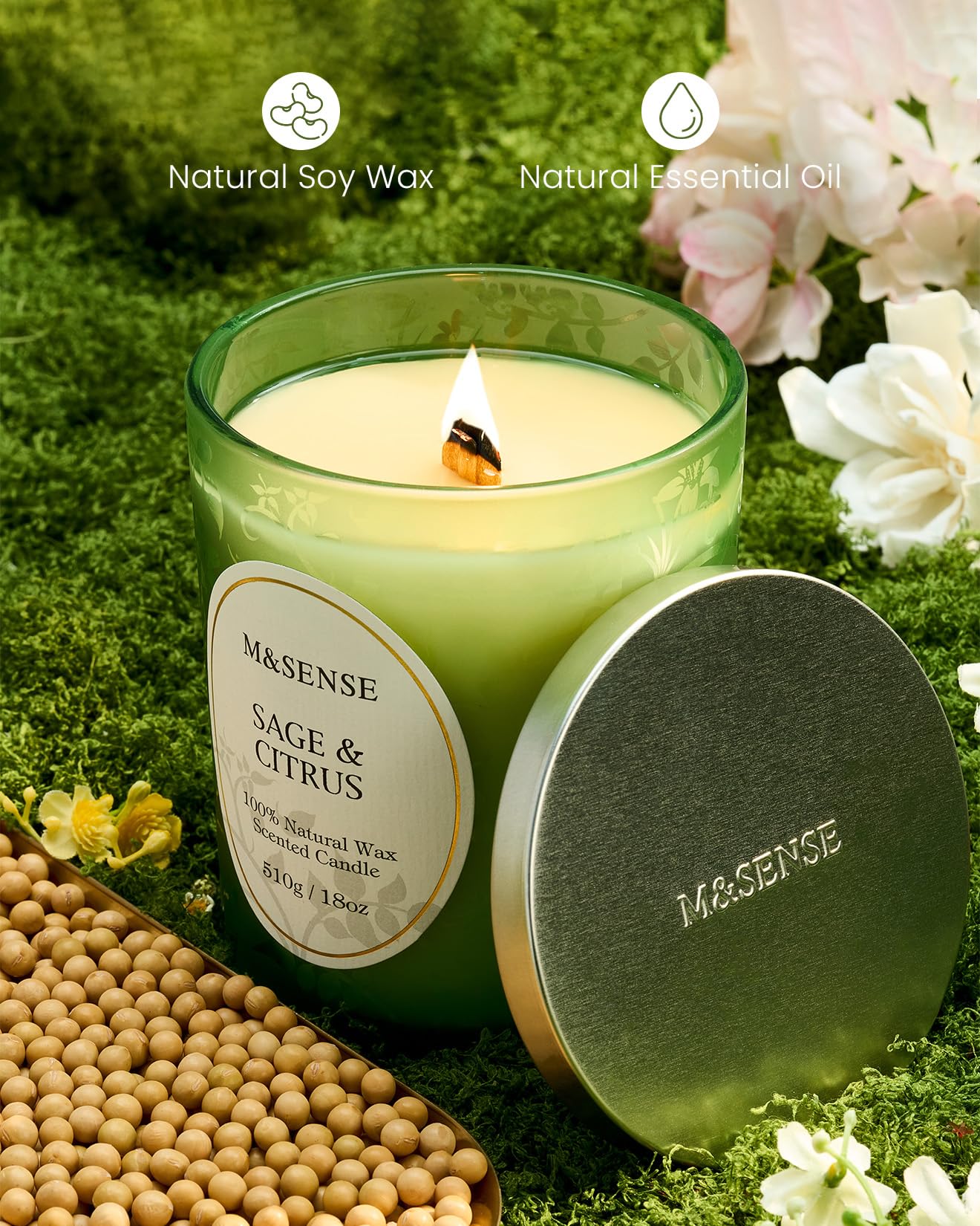M&SENSE Sage Citrus Scented Candle | 18oz Soy Wax, Wooden Wick, 100 Hours