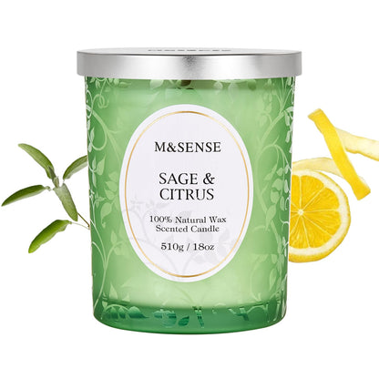 M&SENSE Sage Citrus Scented Candle | 18oz Soy Wax, Wooden Wick, 100 Hours