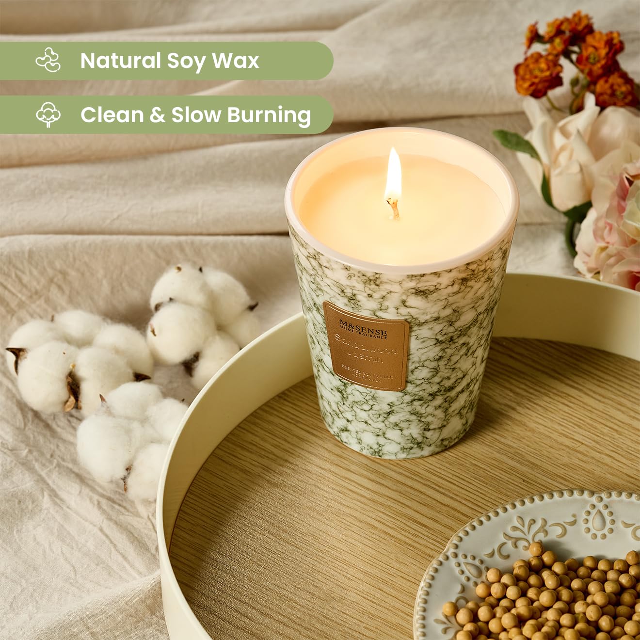 M&SENSE Sandalwood Jasmine Scented Candles – 3-Wick Jar, 14.1 oz, 75h Burn Time