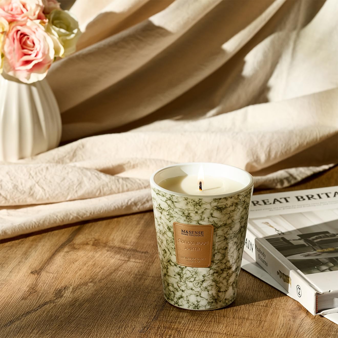M&SENSE Sandalwood Jasmine Scented Candles – 3-Wick Jar, 14.1 oz, 75h Burn Time
