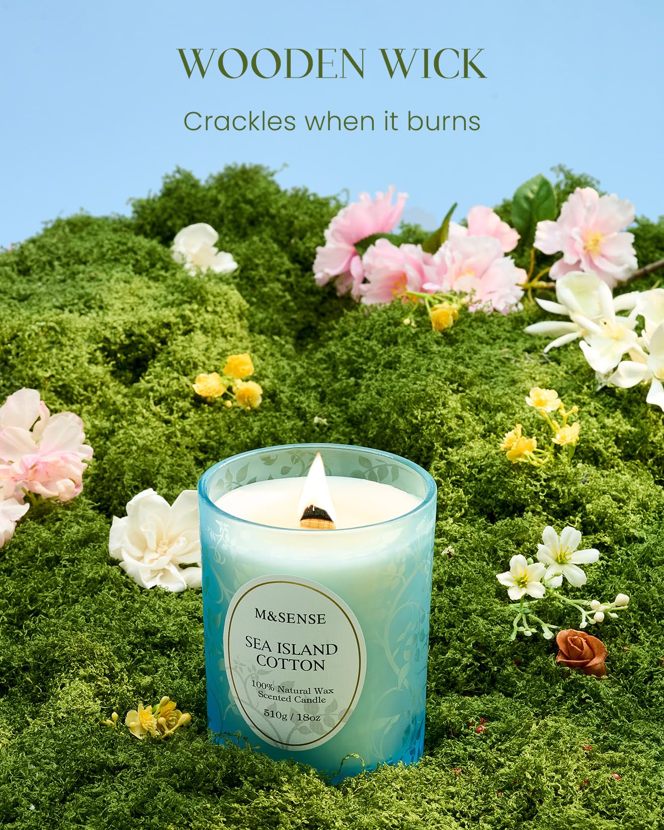 M&SENSE Sea & Cotton Scented Candle – 18oz, 100 Hours, Wood Wick