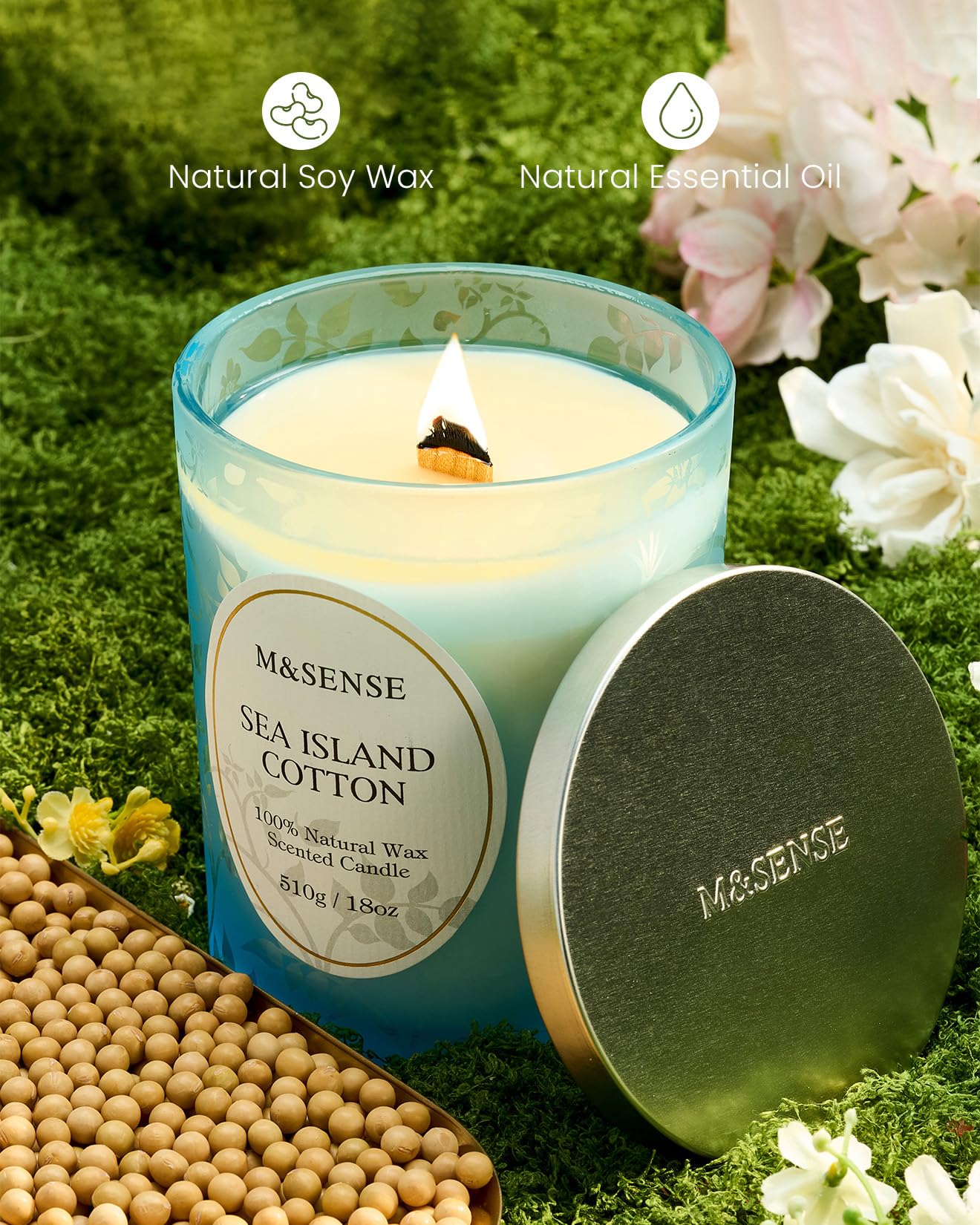 M&SENSE Sea & Cotton Scented Candle – 18oz, 100 Hours, Wood Wick