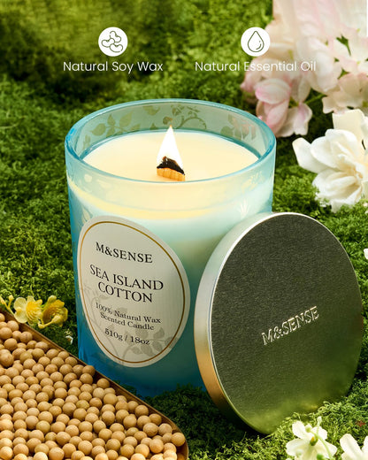 M&SENSE Sea & Cotton Scented Candle – 18oz, 100 Hours, Wood Wick