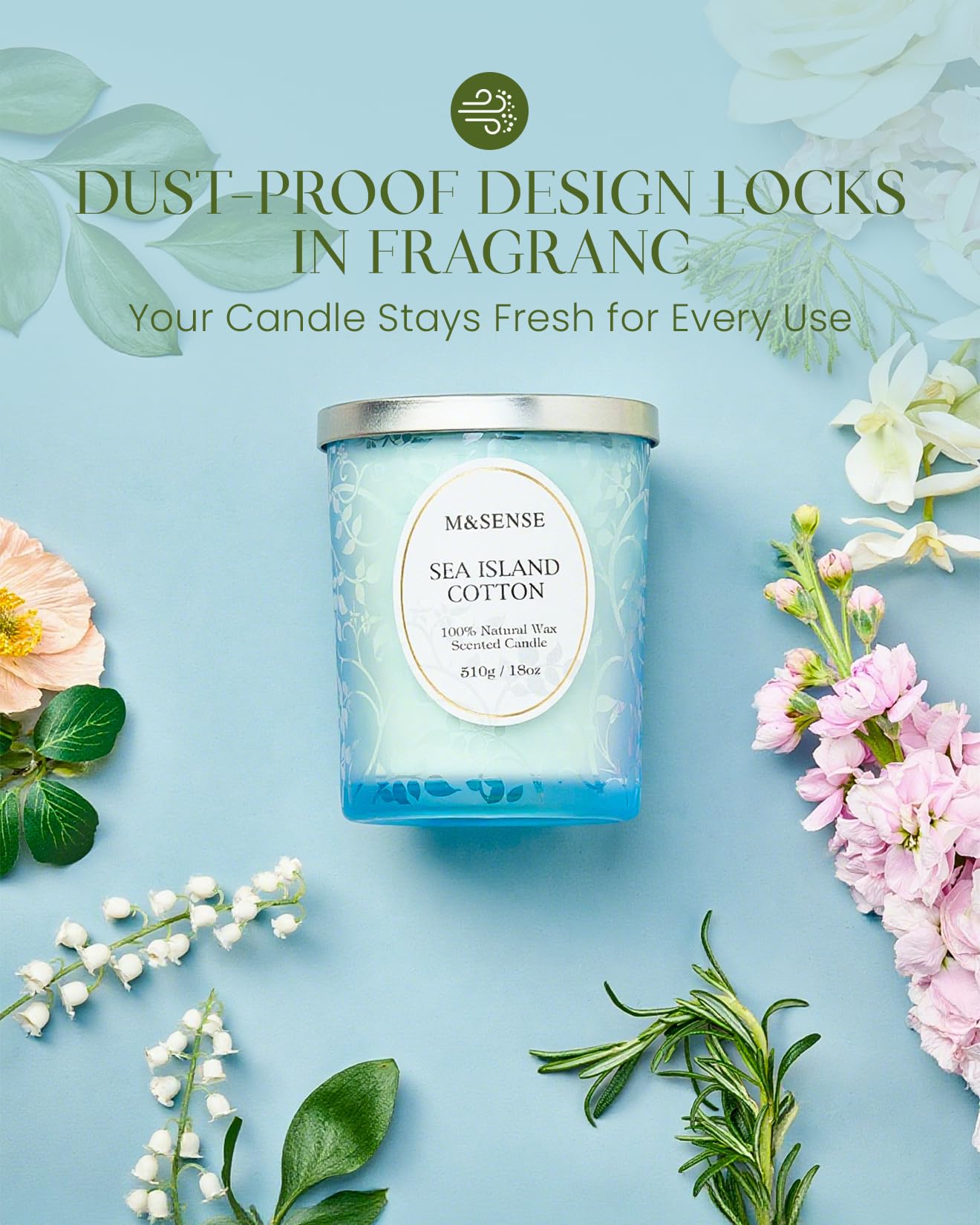 M&SENSE Sea & Cotton Scented Candle – 18oz, 100 Hours, Wood Wick