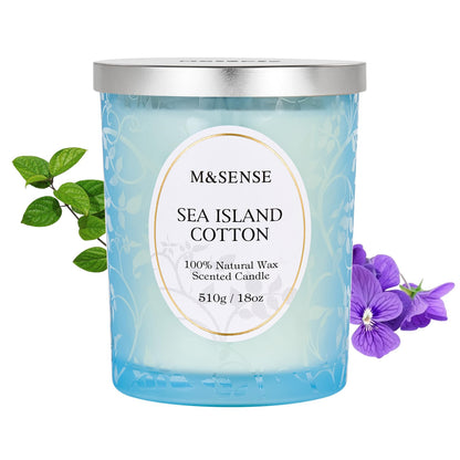 M&SENSE Sea & Cotton Scented Candle – 18oz, 100 Hours, Wood Wick